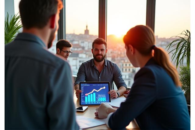 Une main désignant un graphique de croissance devant un paysage urbain de Lyon au crépuscule, symbolisant l'innovation et le développement d'entreprise.