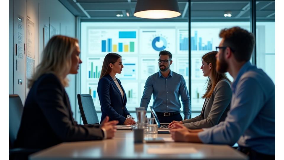Équipe de conseil en entreprise discutant de stratégies devant un tableau blanc
